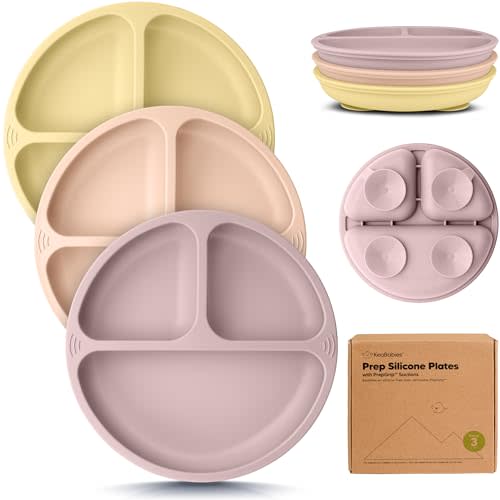 KeaBabies Suction Plates for Baby, Toddler - 3-Pack 100% Silicone Toddler Plates with Suction, Divided, BPA-Free Baby Led Weaning Essentials for Kids, Dishwasher, Microwave Safe, Durable (Dusk)