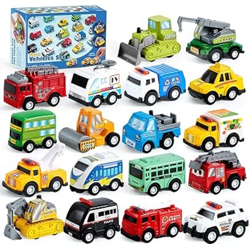 JOYIN 18 Pcs Pull Back City Cars and Trucks Toy Vehicles Set, Friction Powered Cars Toys for Toddlers, Boys, Girls’ Educational Play, Kids Stocking Stuffers, Easter Basket Stuffers