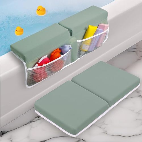 Baby Bath Kneeler and Elbow Rest Pad Set - Baby Bath Support for Knees and Elbows - Bath Kneeler Pad with Memory Foam and Bath Toys Organizer - Ideal Bath Kneeling Pad for Bathing Baby - Green