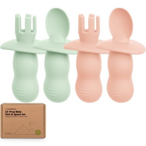 4-Pack Prep Baby Spoons & Forks Set, Self Feeding Baby Utensils 6-18 Months, Silicone BLW Baby Feeding Set, BPA-Free, Color: Mellow