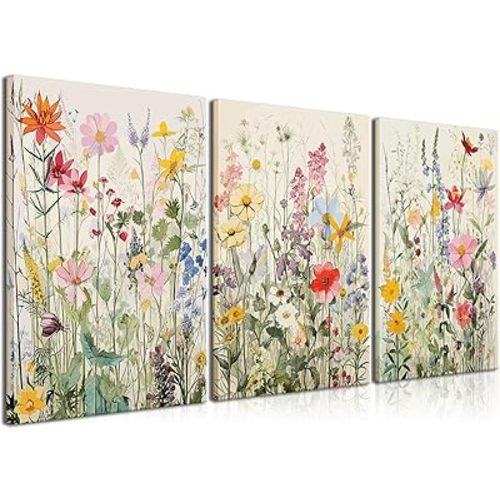 KISSFOX Framed Colorful Wildflower Canvas Wall Art Set Of 3 Flowers Pictures Prints Flowers Printing Floral Watercolors Flower wall Decor Living Room Girls Bedroom Bathroom