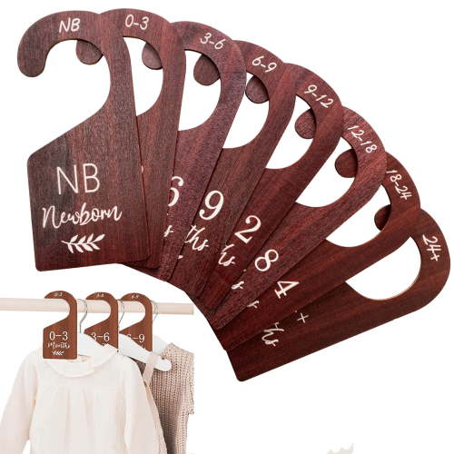 Baby Closet Dividers, Hanging Wooden Double-Sided Nursery Decor Closet Dividers for Baby Clothes, Baby Clothes Dividers for Newborn to 24 Months Size Clothes (Brown, 8pcs)