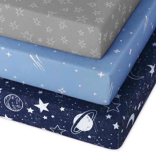 Unnivoll Pack and Play Sheets Fitted 3 Pack, Mini Crib Sheets for Pack N Play Mattress Stretchy Portable Playard Sheets, Soft Breathable Blue Gray Planet