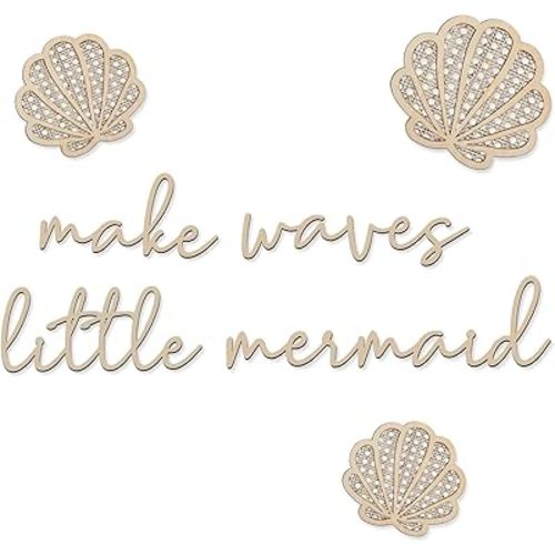 Aimery Make Waves Little Mermaid Wall Decor, Artistic Mermaid Room Decor for Girls, Wooden Nursery Wall Decorations, Elegant Shells and Mermaid Boho Wall Art for Girl Bedroom, Living Room, Burlywood