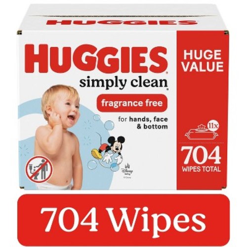 Huggies Simply Clean Unscented Baby Wipes - 704ct - 11pk: Cotton, Hypoallergenic, Paraben-Free, Diaper Area