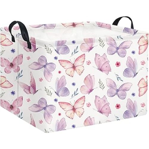 HIYAGON Rectangular Pink Basket for Girls Kids Baby Storage Basket Toy Storage Bin Organizer Box Room Decor(Watercolor Butterfly)