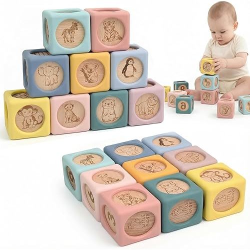 Little Rawr 9 Pcs Baby Silicone & Wooden Stacking Blocks, Food-Grade Silicone Baby Toy with Natural Wood Inserts, Soft Chewable Montessori Blocks for Toddlers, Animal Learning Toy