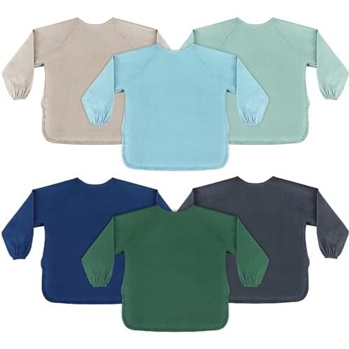 Jeyiour 6 Pack Long Sleeve Baby Bibs Mess Proof Bib Washable Feeding Bib Waterproof Smock Bib for Infant Toddler 6-24 Months