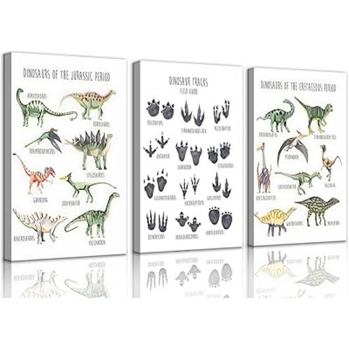 3Pcs Dinosaur Tracks Canvas Wall Art Tyrannosaurus Stegosaurus Triceratops Parasaurolophus Wall Decor Kids Room Pictures painting teen Cool Print Artwork for classroom, Nursery Decoration12x16in