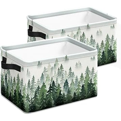 Boho Pine Trees Storage Basket 2 pcs Large Foldable Storage Bin Cube Collapsible Organizer with Handles for Storage Toy Storage
