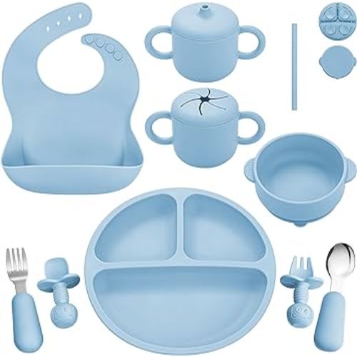 Silicone Baby Feeding Set, Baby Led Weaning Supplies, Eating Essentials Utensils with Suction Plate and Bowl, Pocket Bib, Sippy Cup with Lid, Forks Spoons Snack Container, for 6+ Months, Blue