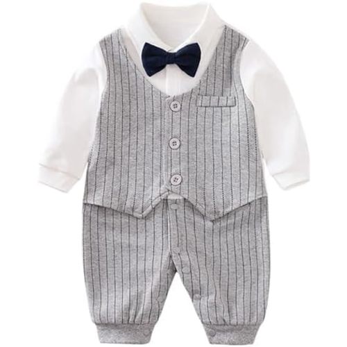 HUAANIUE Newborn Baby Boys Gentleman Romper One Piece Long Sleeve Bowtie Outfit Formal Wear Tuxedo Suit