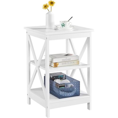 Yaheetech 3 Tier Sofa Side End Table with Shelf, X Shaped Sturdy Large Chair Side Snack Table for Living Room, Display Unit Organizer, White, 15.7 x 15.7 x 24’’ (L x W x H)