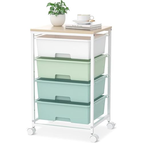 Rolling Storage Cart with 4 Drawers and Wooden Tabletop