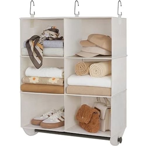 StorageWorks Hanging Closet Organizer with Garment Rod, 6-Section Closet Hanging Shelves, Hanging Clothes Cube Organizer, White & Ivory, 24 ½" L x 12 ¼" W x 33 ½" H