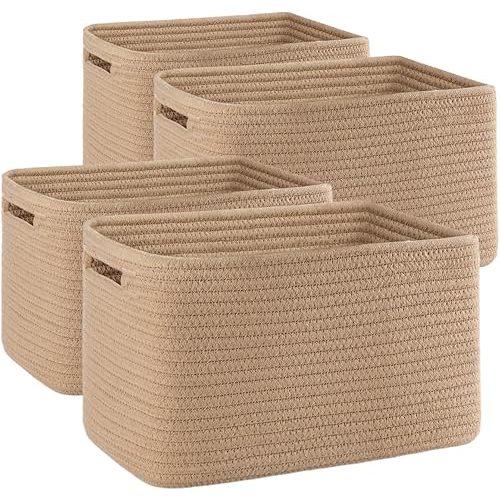 4 Pack Storage Baskets for Organizing, Woven Baskets for Shelves - Perfect for Toys, Books, Towels, and Clothes, Durable Gift Basket Bins Toy Storage, 12.7''L x9''W x7.8''H, Jute