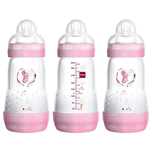 MAM Easy Start Anti-Colic Bottle, Baby Essentials, Medium Flow Bottles with Silicone Nipple, Baby Bottles for Baby Girl, Pink, 9 oz (3-Count),
