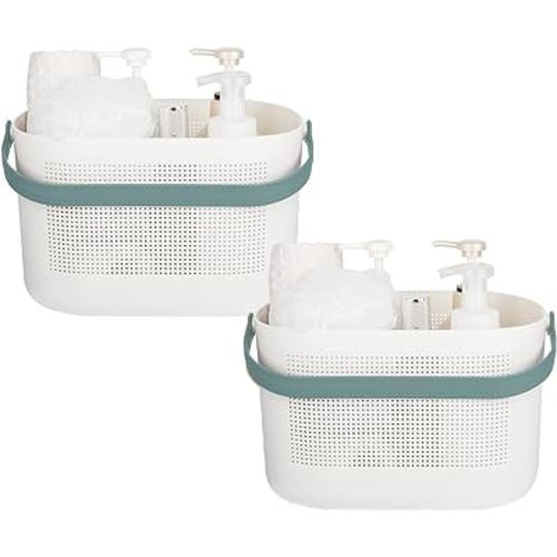 Plastic Storage Baskets with Handles, Shower Caddy Shelf Organizers Basket for Bathroom, Kitchen, Dorm Room, Green, 2 Pack