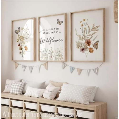 Set of 3 Wildflowers Nursery Wall Art Prints In A Field Of Roses She Is A Wildflower Poster Painting Watercolor Flower Butterfly Canvas Pictures for Girls Bedroom Nursery Decor With Inner Frame