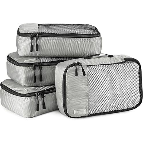 Amazon Basics Lightweight Packing Cubes for Travel, 4 Piece Set With Double Zipper Pulls and Mesh Top Panel, 100% Durable Polyester, Small, Gray