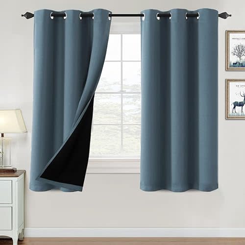 H.VERSAILTEX 100% Blackout Curtains for Bedroom Thermal Insulated Blackout Curtains 63 inch Length Heat and Full Light Blocking Curtains for Living Room with Black Liner 2 Panels Set, Stone Blue