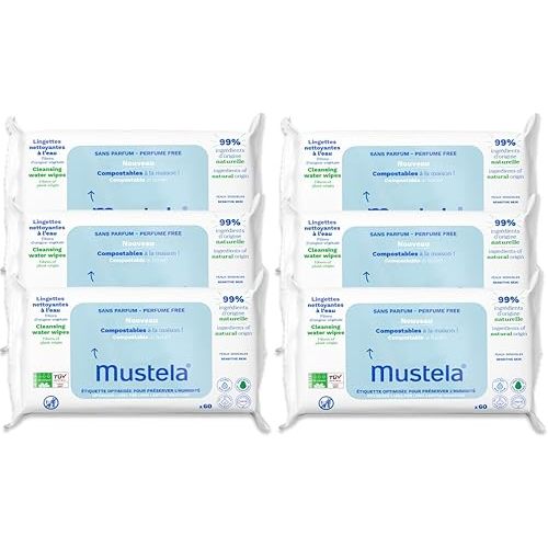 Mustela Baby Home Compostable Cleansing Wipes - For Face, Body & Diaper Area - 99% ingredients of natural origin & plant-based fibers - For all skin types - Fragrance Free Version & Various Sizes