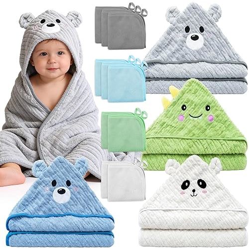 14 PCS Baby Bath Towels Set, 4 PCS Animal Hooded Baby Towels & 10 PCS Washcloths, Ultra Soft & Absorbent Newborn Bath Towels for Infants Toddlers