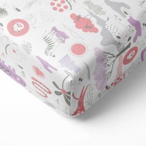 Bacati - Jungle Safari Print Lilac/coral 100 Percent Cotton Muslin Universal Baby Us Standard Crib Or Toddler Bed Fitted Sheet
