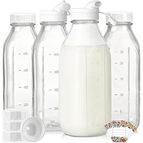 4 Pack 1 Liter Glass Milk Bottles w Scale, 100% Airtight Heavy Duty Screw Lid - 32 Oz Drinking Jars w 2 Pour Spouts - Glass Bottles for Milk, Honey, Jam, Creamer - Dishwasher Safe(Extra 2 Lids)