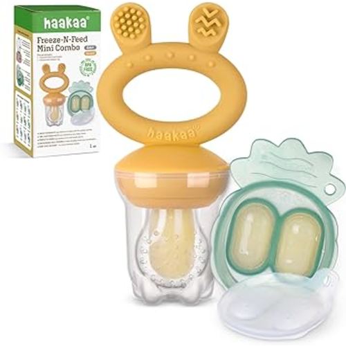Haakaa Baby Fruit Food Feeder & Mini Freezer Nibble Tray Combo, Breastmilk Popsicle Molds for Baby Cooling Relief, BPA Free Silicone Feeder for Safe Infant Self Feeding, 4 Month+ (Mustard)