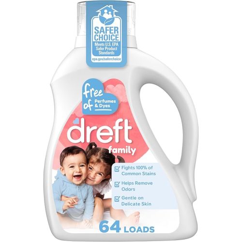 Dreft Family Liquid Laundry Detergent, Unscented Gentle on Sensitive Skin Laundry Soap, 84 fl oz, 64 Loads (Packaging May Vary)