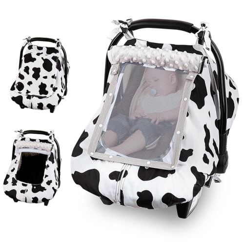 FIOBEE Baby Car Seat Cover, Car Seat Covers for Babies Infant Car Seat Canopy with Breathable Mesh Window Waterproof Carseat Cover for Babies Boy Girl 4 Seasons, White/Cow