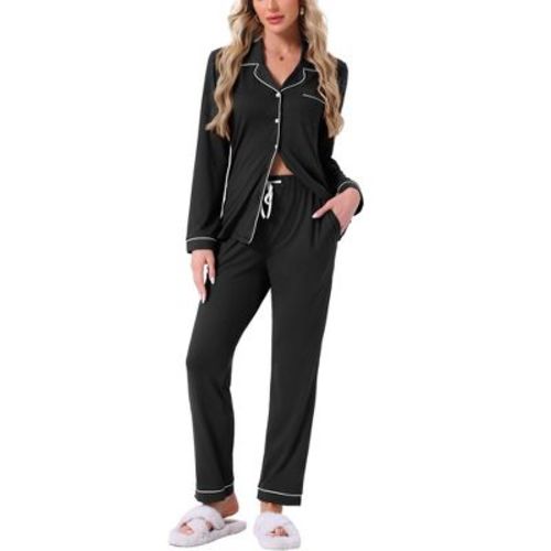 INSPIRE CHIC Womens Long Sleeve Button Down with Pockets Notch Collar Pants Pajama Sets Medium Black