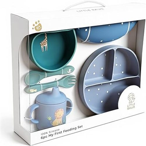 Little Rawr Baby Led Weaning Bundle, 100% Silicone Baby Feeding Set Includes Divided Plate, Suction Bowl, Straw Cup, Bib, Spoon & Fork, Develops Self Feeding Skills, Dishwasher Safe (Blue)