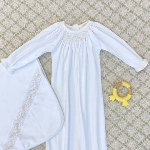 Sweetly Smocked Greeting Gown (Unisex) - Worth Avenue White with Palme