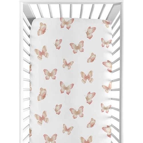 Sweet Jojo Designs Pink and Taupe Boho Butterfly Girl Baby Fitted Crib Sheet for Infant Newborn Nursery Toddler Bed Room Standard Mattress Beige Ivory Tan Bohemian Shabby Chic Watercolor Dusty Rose