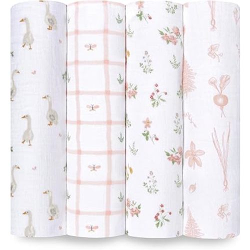 aden + anais Essentials Baby Muslin Swaddle Blankets, Newborn Receiving Blanket for Swaddling, 100% Cotton Baby Swaddle Wrap, 4 Pack, Country Floral