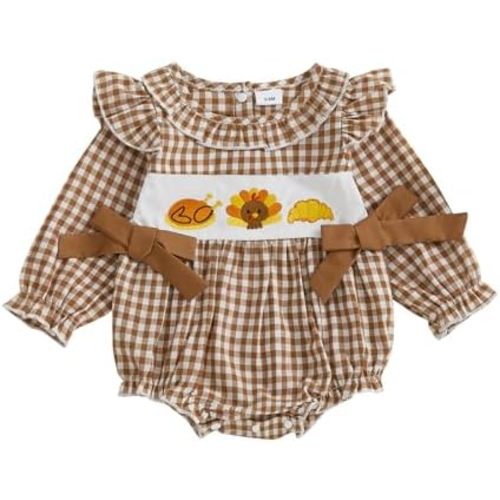 Newborn Baby Girl Thanksgiving Outfit Turkey Pumpkin Smocked Bubble Romper Plaid Ruffle Long Sleeve Bodysuit Clothes
