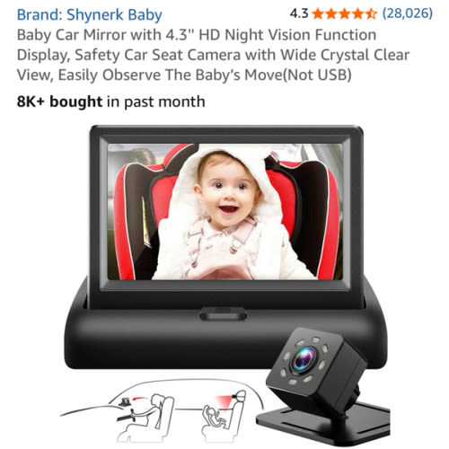 Baby Car Mirror with 4.3'' HD Night Vision Function Display, Safety Car Seat Camera with Wide Crystal Clear View, Easily Observe The Baby’s Move(Not USB)
