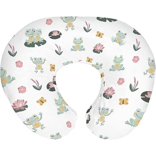 Cute Frogs Family Baby Nursing Pillow Covers for Boy Girl Green Frogs Butterflies Lilies Pond Nursery Pillow Slipcover for Breastfeeding Pillows Wildlife Nature Soft Stretchy Cover for Newborn Infant