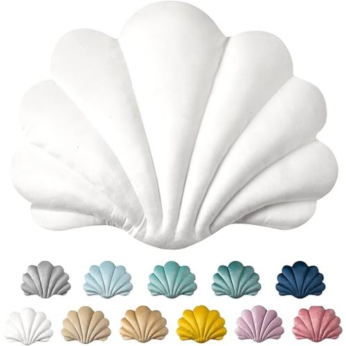 Ashler 3D Throw Pillows Shell Shaped Accent Throw Pillow, Soft Velvet Insert Included Cushion for Couch Bed Living Room, Pack of 1, Off White, 14 X 11 inches