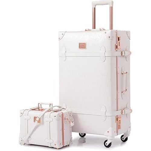 urecity Vintage Luggage Set, 2 Piece Retro Leather Suitcase for Women, Travel Luggage with Spinner Wheels and Beauty Case, Cute Designer Trunk Luggage (Rose White, 20"+12")