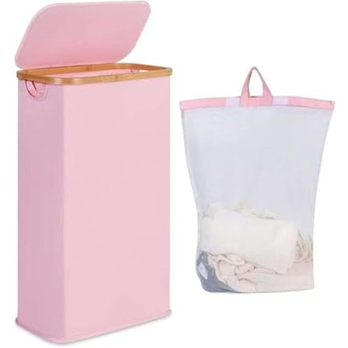 100L Hampers for Bedroom, Dirty Clothes Basket for Dorm, Office and Laundry Room, Foldable Hamper with Bamboo Handle,Rolling Laundry Basket with 1 Removable Bag,Pink,No Wheel
