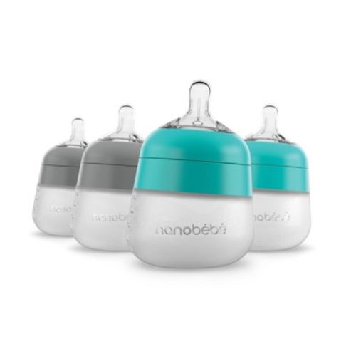 Nanobébé Flexy Silicone Baby Bottle, Anti-Colic, Natural Feel, Non-Collapsing Nipple, Non-Tip Stable Base, Easy to Clean 4-Pack, Grey/Teal, 5 oz