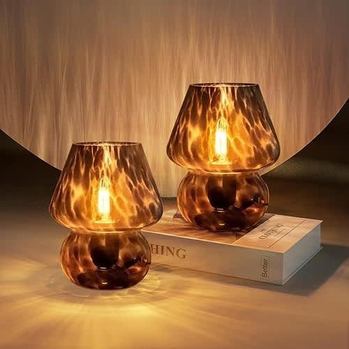 ONEWISH Mushroom Lamp Small Vintage Table Lamp for Bedroom Set of 2, Nightstand Bedside Lamp Translucent Glass Dimmable, Murano Aesthetic Home Decor for Living Room Kitchen Dorm(Black)