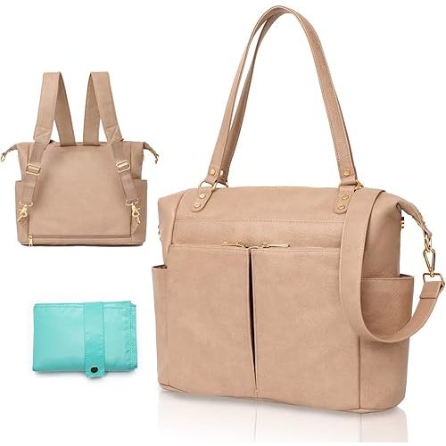 MOMINSIDE Diaper Bag Tote, Leather Diaper Bag Backpack with 14 Pockets, Convertible Baby Bag for Boys Girls, Baby Registry, Changing Pad, Large 4 Insulated Pockets (Camel)