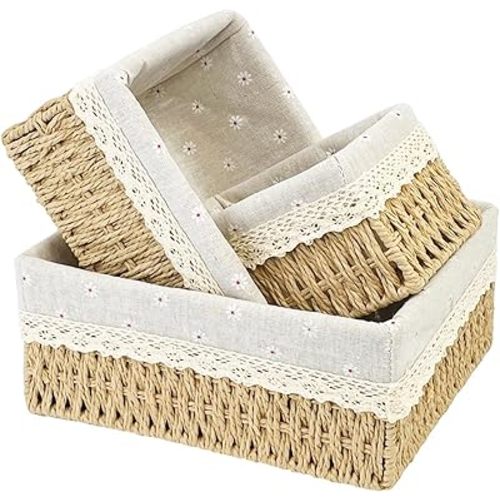 Wicker Storage Baskets 3-Pack Set, Hand-Woven Paper Rope Rattan Bins with Removable Liner, Multi-Size Organizer Baskets for Pantry, Countertop, Bedroom, Bathroom, Shelves (Beige, L+M+S)