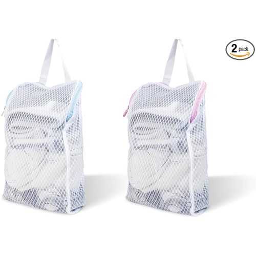 2 PCS Honeycomb Mesh Laundry Bag with Handle, 13.3 x 7.8 Inch Zippered Mesh Laundry Bag, Extra Large Opening, Side Widening, for Washing Socks, Baby Items, Lingerie, Travel Garments (Pink and Blue)