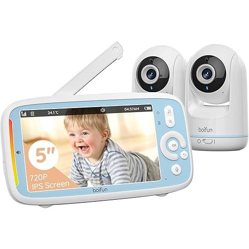 360 View Baby Monitor, No Wi-Fi, Quick Pairing, BOIFUN 5'' 3X Zoom Display, Rotatable Video Baby Monitor Cameras, IPS 720p Wireless (Moniteur Bébé), VOX