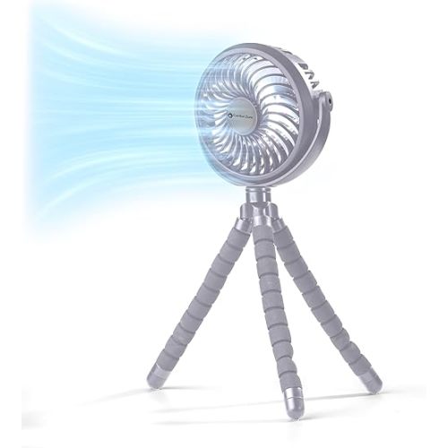 Comfort Zone Portable Stroller Fan, 3-Speed Rechargeable Clip-On with 360° Flexible Tripod, Battery Operated Cooling Fan for Strollers, Car Seats, Cribs, Treadmills, Silver